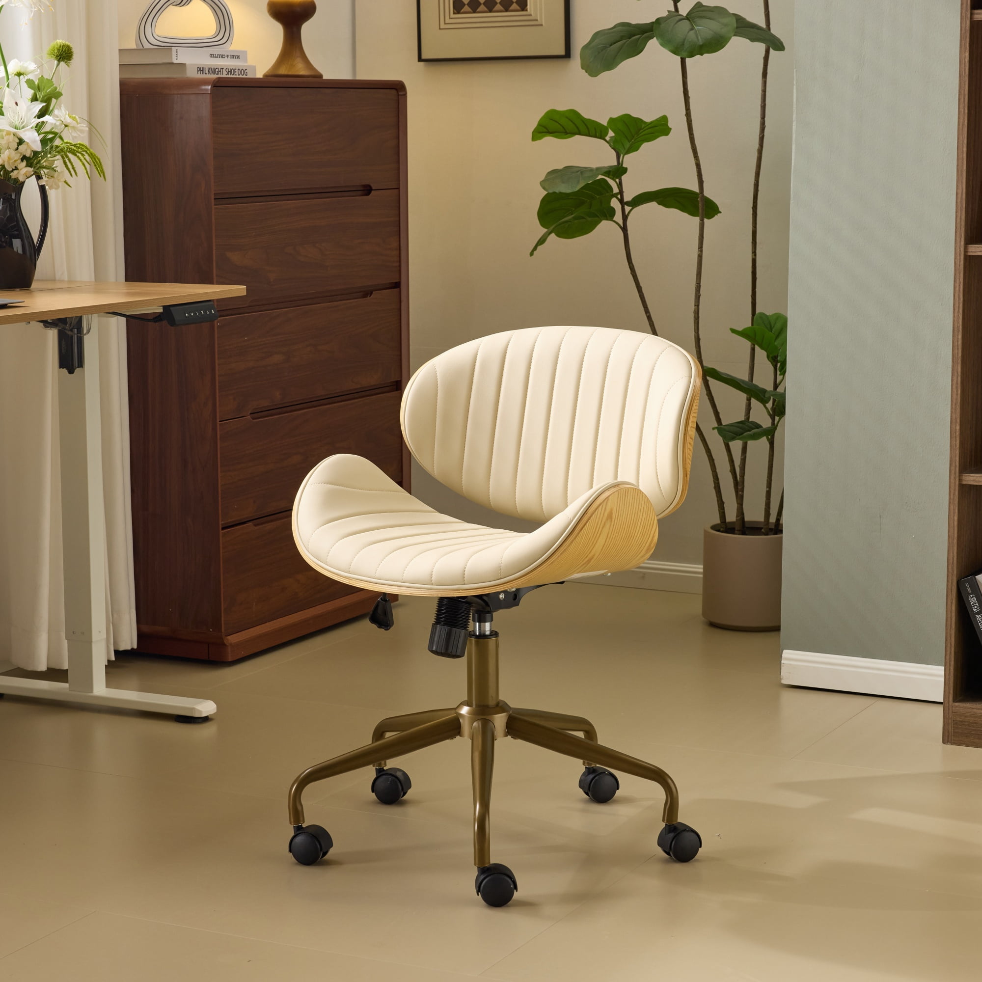 Ktaxon Armless Office Chair, Curved Wood Accent Desk Chair with Swivel Seat, PU Task Chair for Study, Makeup Vanity Beige