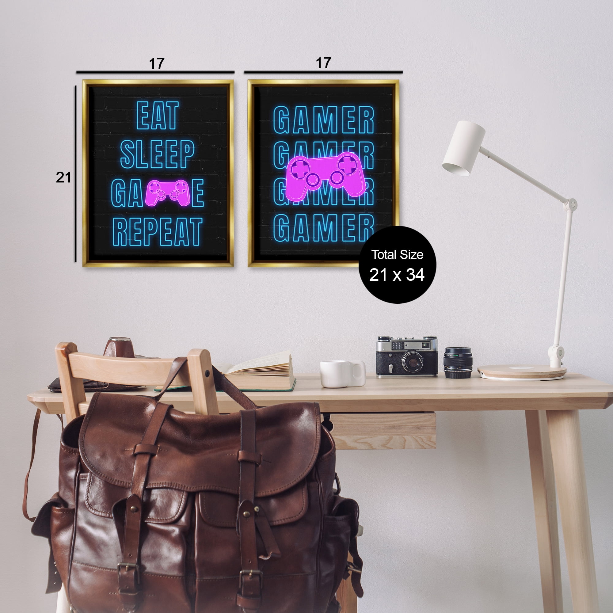 Stupell Industries Neon Gamer Eat Sleep Entertainment Painting Gold Floater Framed Canvas Art Print Wall Art, 17 x 21, Set of 2