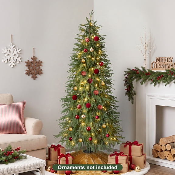 DR.Planzen 6ft Pre-Lit Norfolk Pine Christmas Tree, Artificial Slim Christmas Tree - 150 Warm White LEDs, 3 Light Modes, Adjustable PE Branches - for Apartment, Home & Office