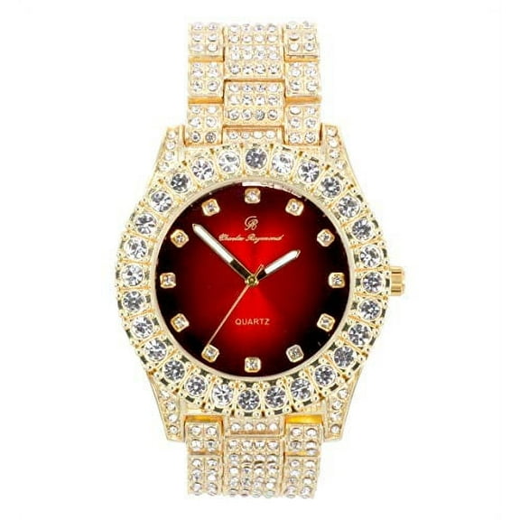 Charles Raymond Blinged Out Round Metal Mens Color on Blast Hip Hop Iced Out Watch with Diamond Time Indicators - Ice on Fire!!! - ST10327DxxS (Gold-Blood Red)