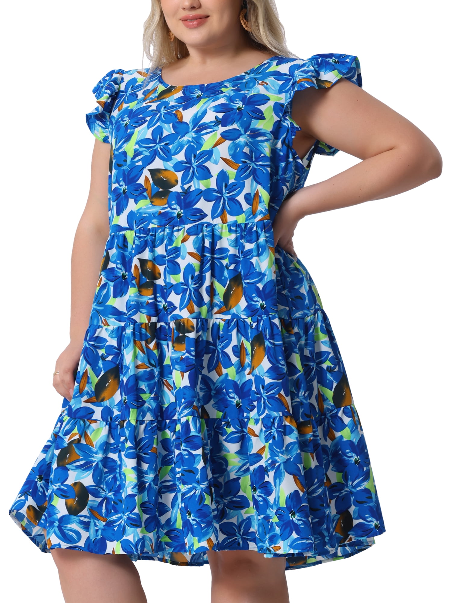 DARING DIVA Plus Size Boho Flutter Sleeves Round Neck Floral Print Dress 3X Blue