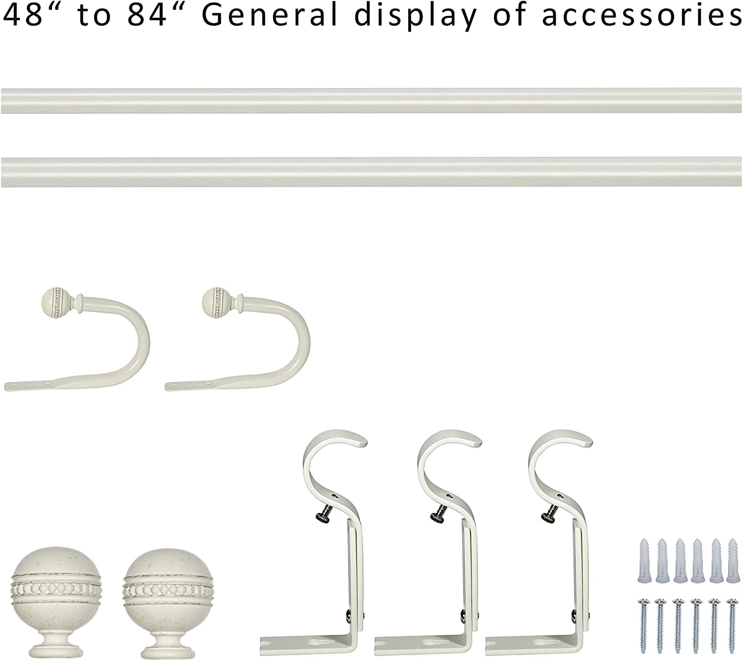 eTeckram 1" Curtain Rod with Sable Finials - 48" to 84", Weathered White