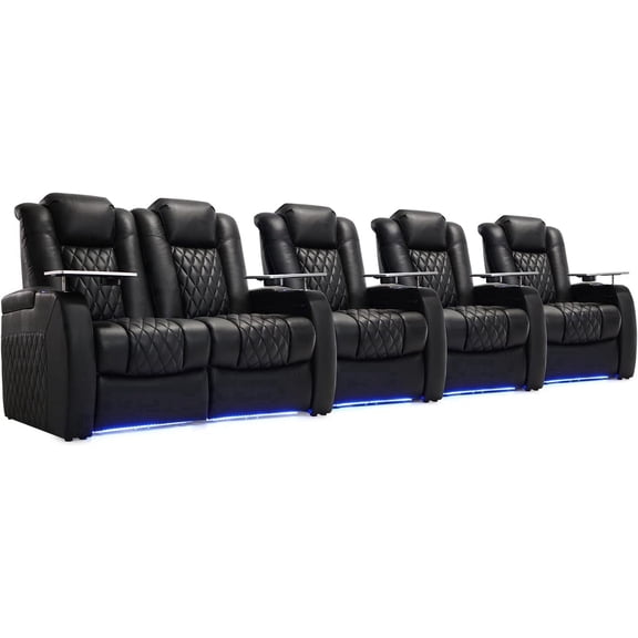 Home Theater Seating Top Grain Leather Recliner Chair Dual Power Movie Gaming Sofa Electric Headrest with Tray Table Type-C USB Charge Cup Holders (Row of 5 Loveseat Left, Black)