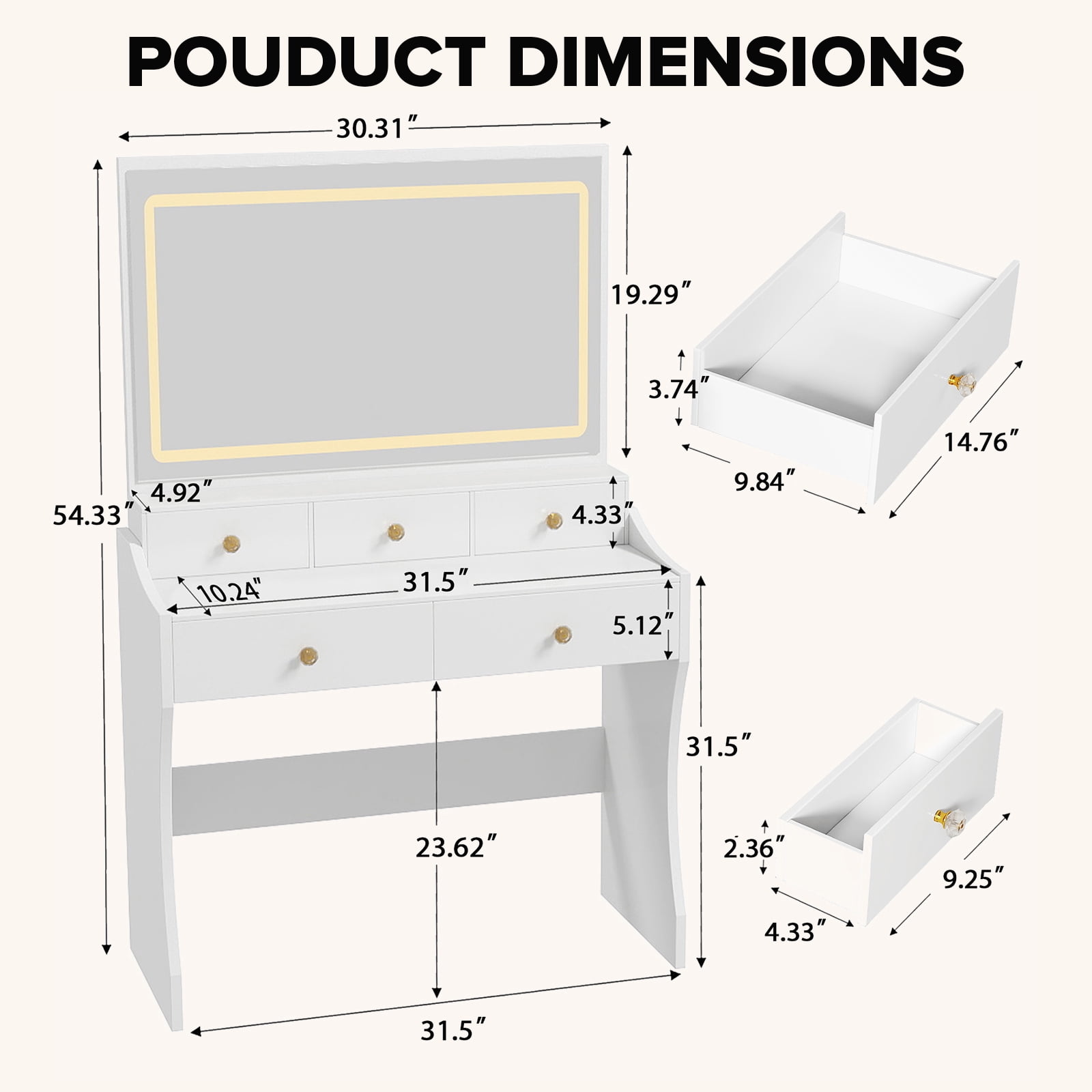 LUCKLIFE White Vanity Desk with Mirror and Lights, 5 Drawers & Charging Station, Vanity Table and Chair Set