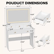 LUCKLIFE White Vanity Desk with Mirror and Lights, 5 Drawers & Charging Station, Vanity Table and Chair Set