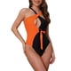 thumbnail image 1 of INSPIRE CHIC Conjunto de Bikini Monokini de Bloque de Color para Mujeres, Traje de Baño de 1 Pieza con Anillo en O y Lazos Lateral, Traje de Baño Strappy Grande Negro Naranja Fluorescente, 1 of 5
