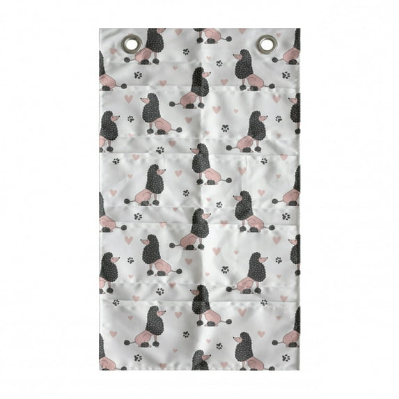 Cartoon Hanging Pocket Organizer, Poodle Dog Paws Hearts Funny Animal Girls Puppy Illustration, Printed Polyester Storage Bag with Pockets, 21" x 31", Dark Blue Grey and Pale Pink