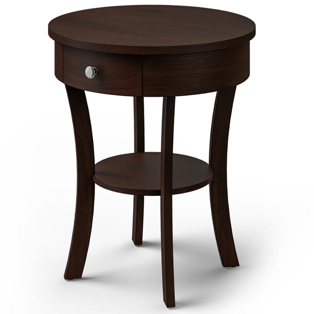 Demi Bonn 2-Tier Wood Round End Table with Open Drawer, Sofa Side Table, Bed Side Table, for Living Room, Bedroom, Brown