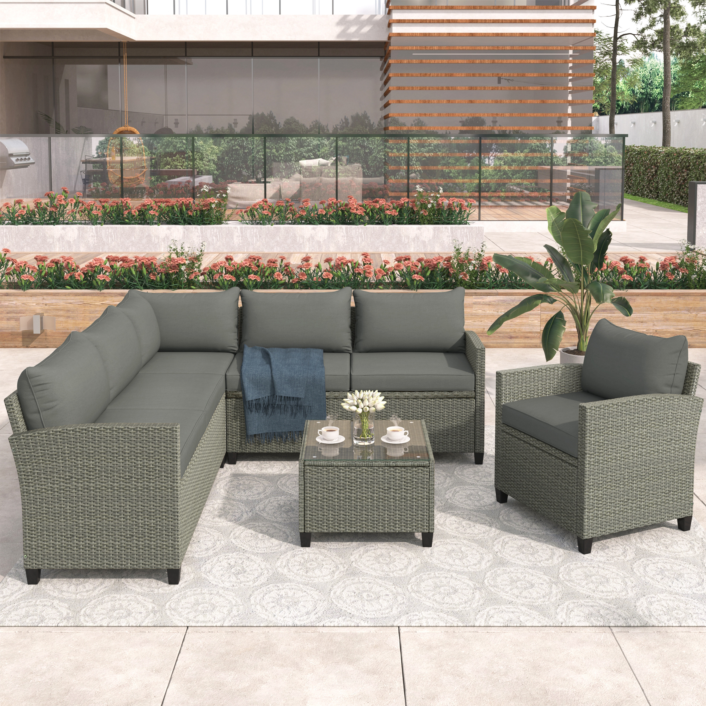 Garden Patio Conversation Set, BTMWAY 5 Piece Outdoor Sectional Sofa Couch Patio Furniture Sets with Glass Table, Cushions and Single Chair, PE Wicker Patio Sofa Sets for Garden Backyard Poolside Lawn - image 3 of 9