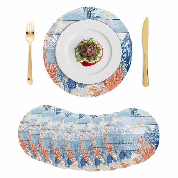 Orange Navy Blue Coral Round 13 Inch Placemats Set of 8, Summer Beach Coastal Ocean Blue Wood HeatResistant Non Slip Place Mats for Dining Table, Wipeable Braided Kitchen Table Mats for Housewarming