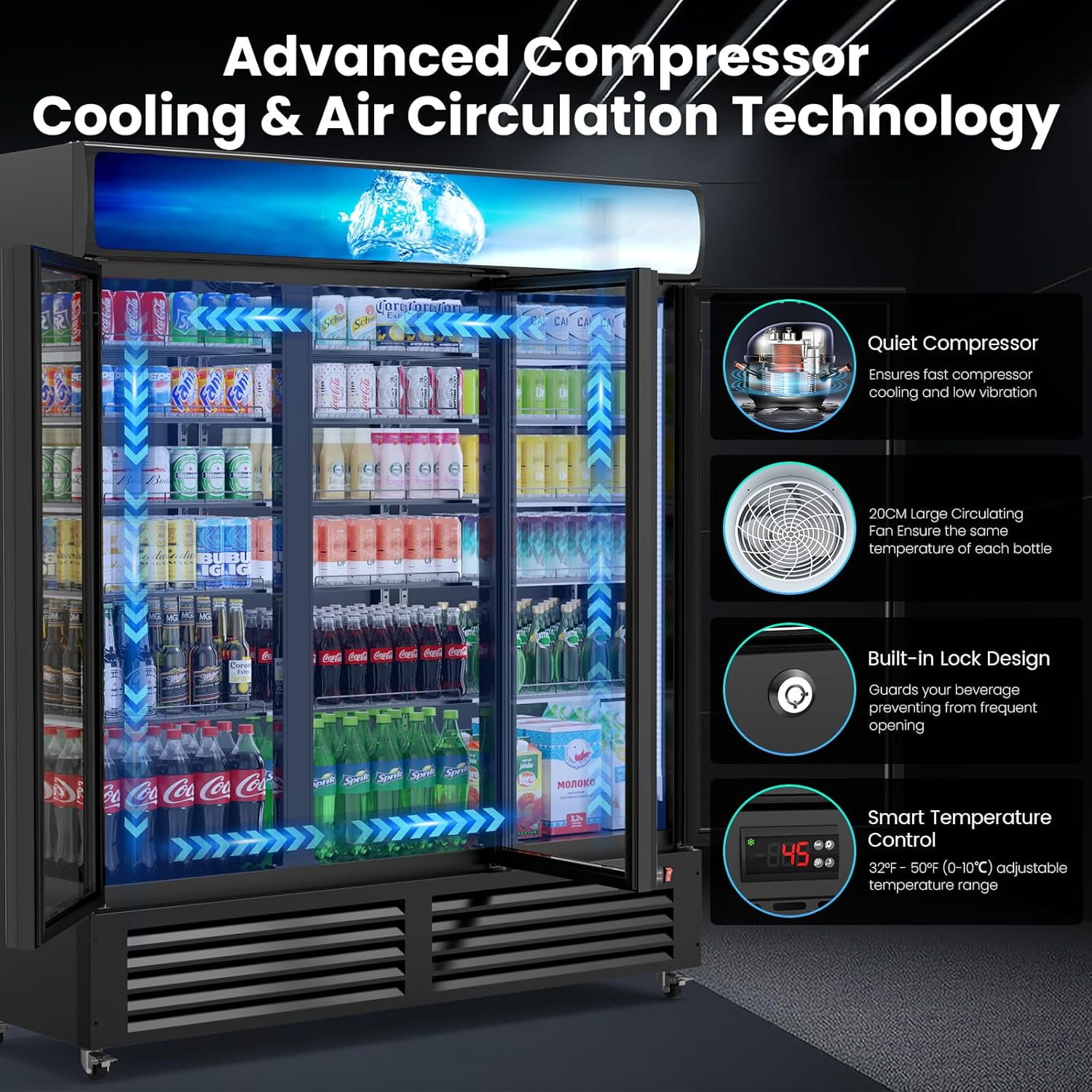 56 Cu Ft Commercial Beverage Cooler - 3 Glass Door Display Fridge, High-Capacity for Restaurant, Bar, Shop
