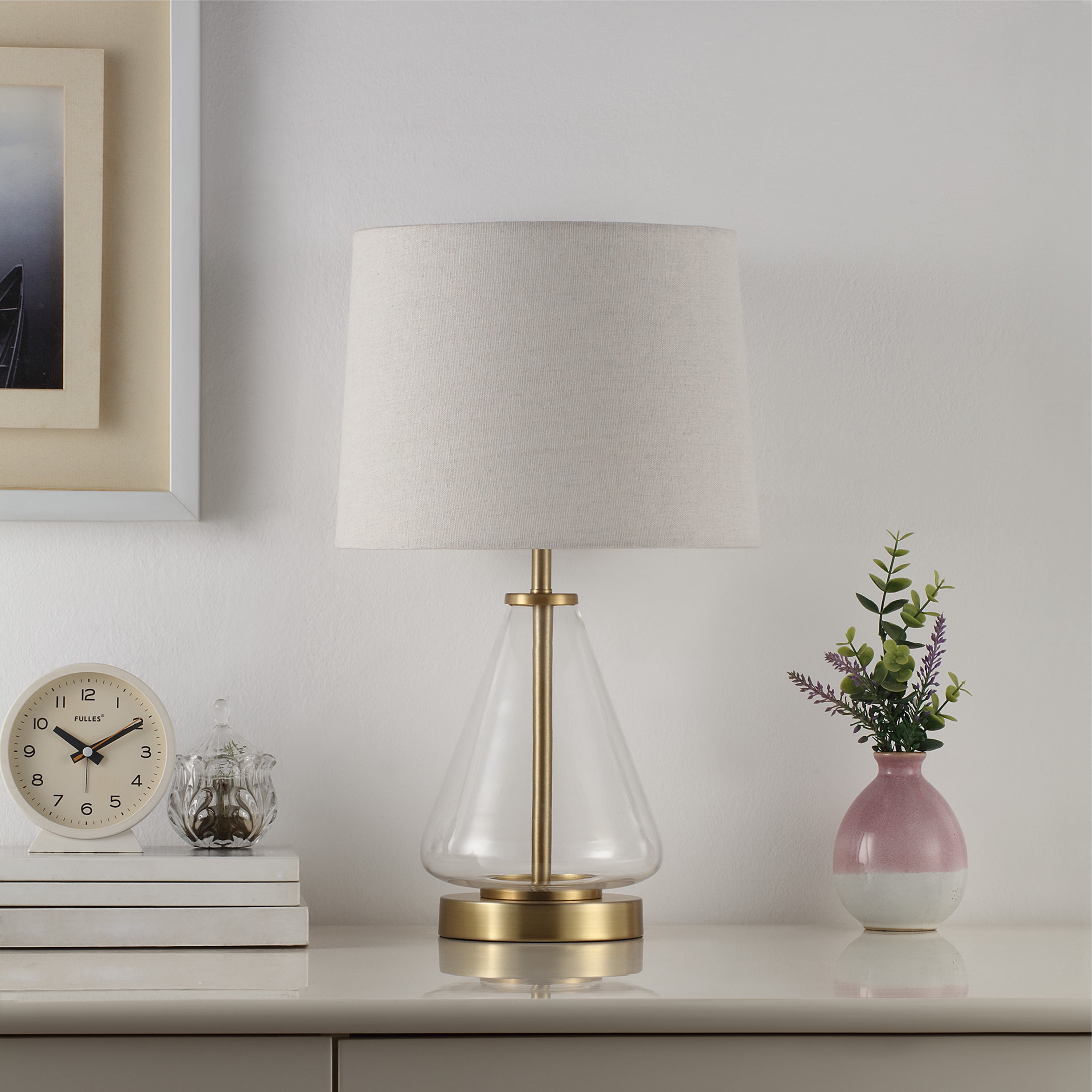 Better Homes & Gardens 18" Clear Glass Table Lamp with Brass Metal Base and Beige Shade