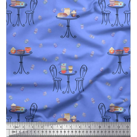 Soimoi Blue Cotton Voile Fabric Chair,Round Table & Cupcakes Party Fabric Prints By Yard 42 Inch Wide