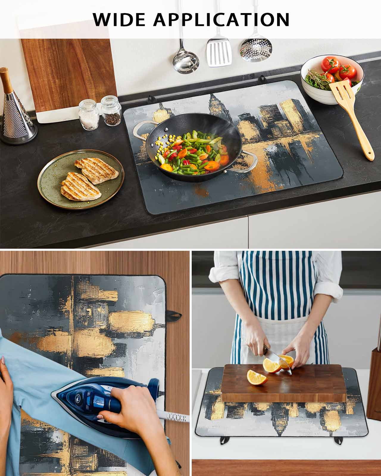 nqOlkjepod Large Induction Cooktop Protector Mat 24"x21", Gold Black Building Stove Top Covers for Electric Stove, Modern Chic City Oil Painting Stove Burner Cover Mats, Glass Top Stove Cover