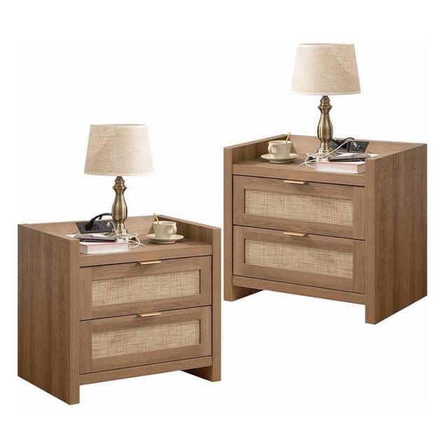Table de Chevet 2 Pcs, Tables de Chevet en Rotin avec Station de Charge Type-C, Tiroirs - Table de Chevet en Bois Boho pour Petit Espace