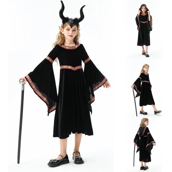 EnJoCho Girls 𝖬edieval Princess Dress 𝖱enaissance Witch Dress - Halloween Retro Court Children’s Clothing Set with Devil Horn Headband for Cos-play Par𝗍y