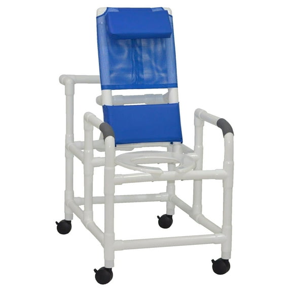 MJM International Reclining shower chair with deluxe elongated open front commode seat, no foot rest, no leg extension, 325 lbs weight capacity