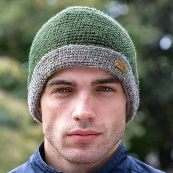 Crochet Turn-Up Beanie Cap – Green and Oatmeal Made By Erin Knitwear