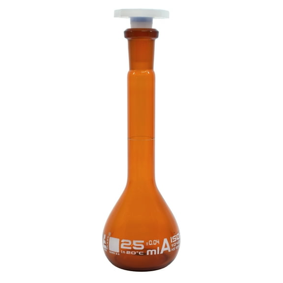 Volumetric Flask, 25ml - Amber - Fitted with 10/19 Polypropylene Stopper - Class A, Tolerance 0.04 ml - White Graduation Mark - Borosilicate Glass - Eisco Labs