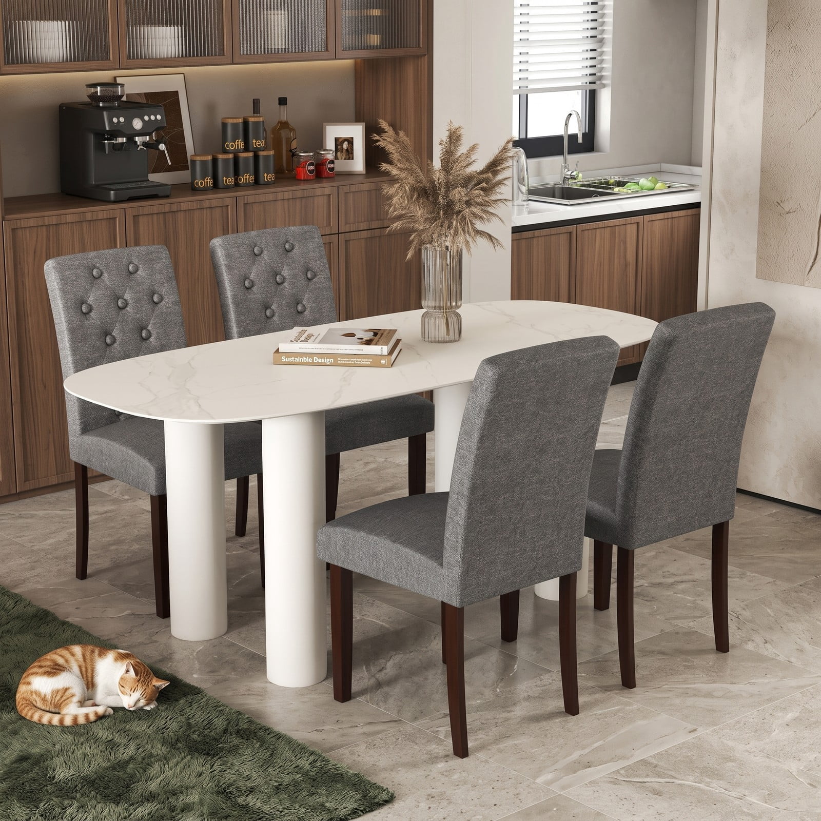 Furnibear Button Tufted Fabric Upholstered Dining Chair Set of 2, High Curved Back Accent Side Chairs with Rubber Wood Legs for Kitchen Living Room Reception, Gray