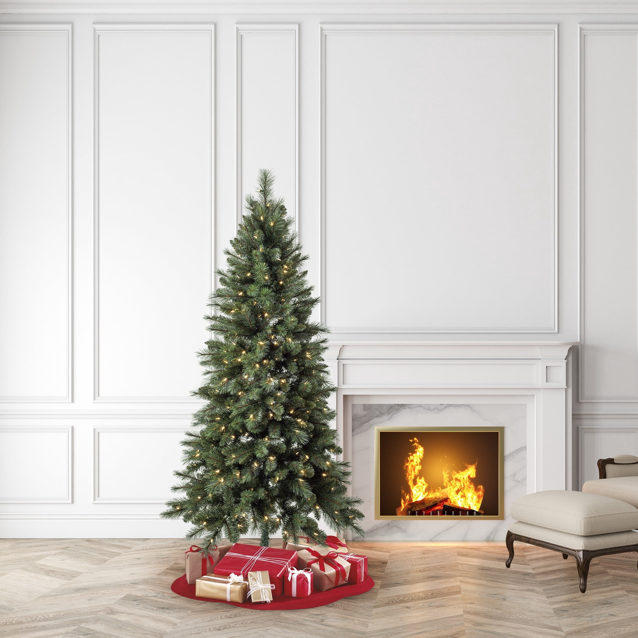 7' Pre-Lit Scottsdale Pine Green Artificial Christmas Tree with 300 Warm White LED Lights, Quick Set, and Stand, by Holiday Time