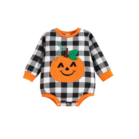 

aturustex Halloween Baby Boy Girl Romper Orange Plaid and Pumpkin Pattern Long Sleeve Jumpsuit Top Pullover