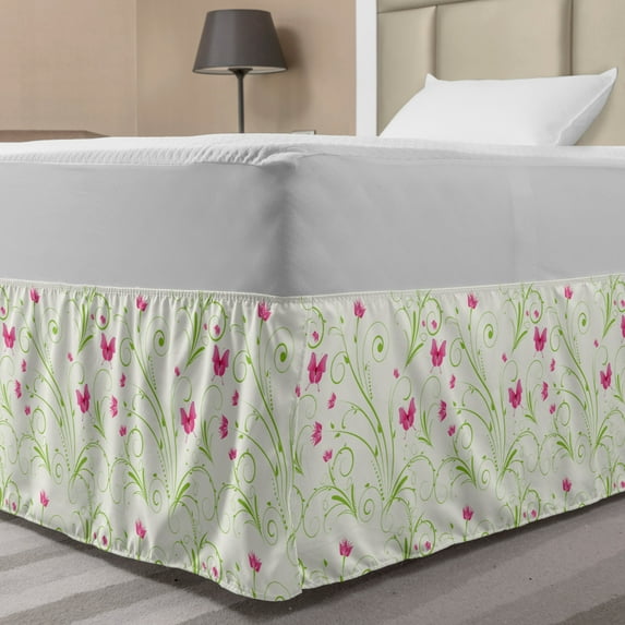 Floral Bed Skirt, Graphic Ornament with Curvy Stems Blooming Petals and Butterflies, Elastic Bedskirt Dust Ruffle Wrap Around for Bedding Decor, 4 Sizes, Apple Green White, by Ambesonne
