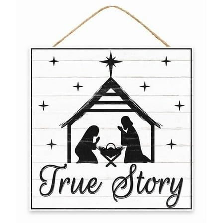 Christmas True Story Door Wreath Sign, 10 inches Square, White/Black