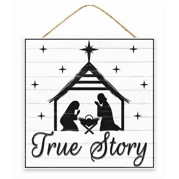 Christmas True Story Door Wreath Sign, 10 inches Square, White/Black