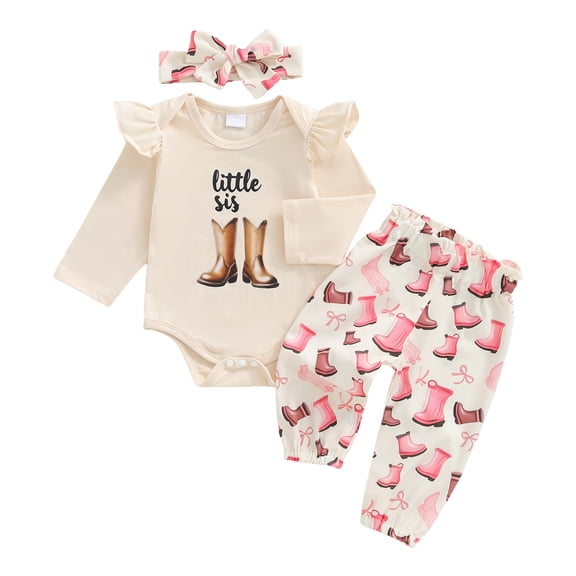 Wxirdiow Girls Clothes Baby Girls Clothes Newborn Infant Baby Girls Outfit Long Sleeve Ruffle Romper Pants Headband Sets Beige Size,12-18 Months