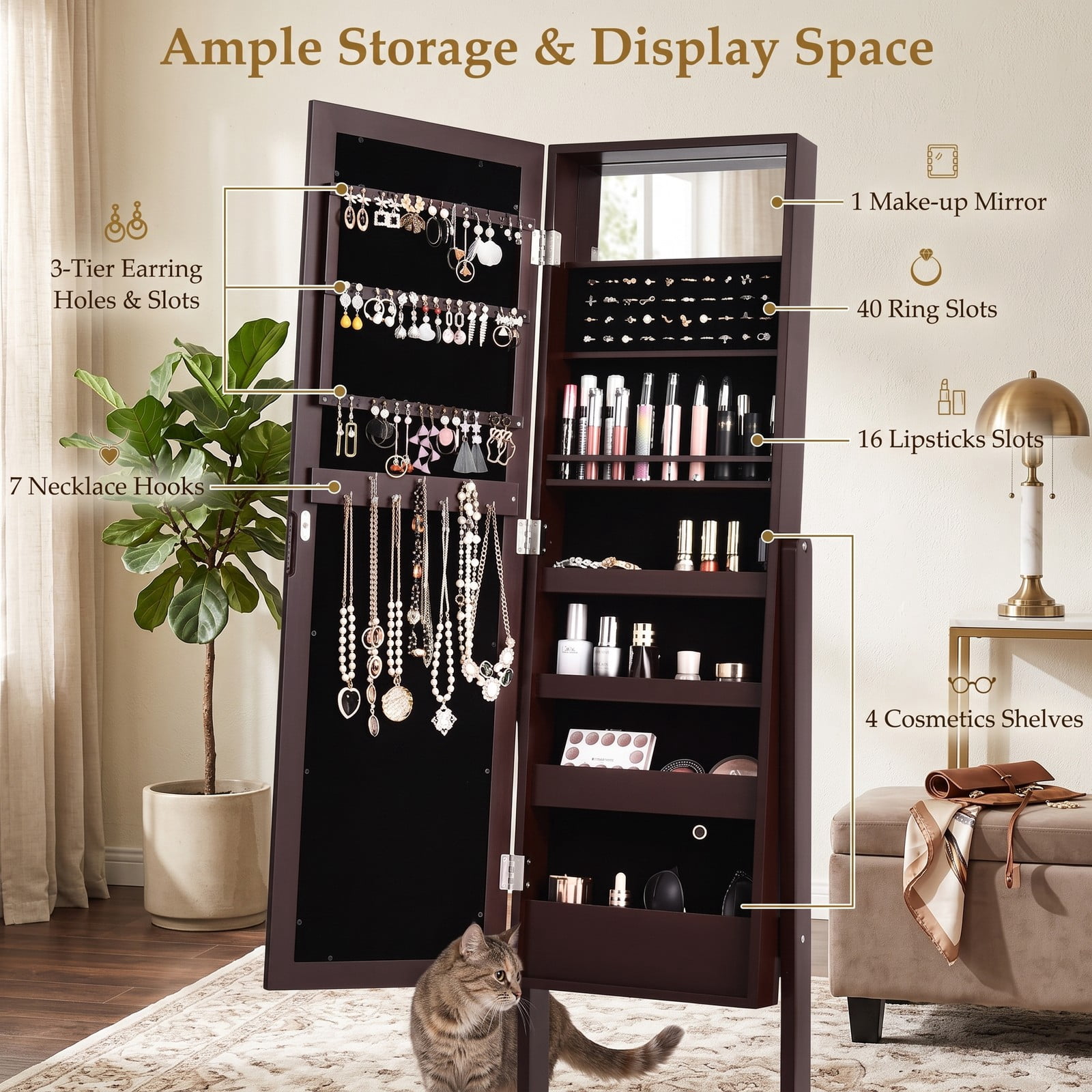 Furnibear Freestanding Mirrored Jewelry Cabinet Armoire Organizer with Full-Length Mirror and 18 LED Lights for Bedroom, Brown