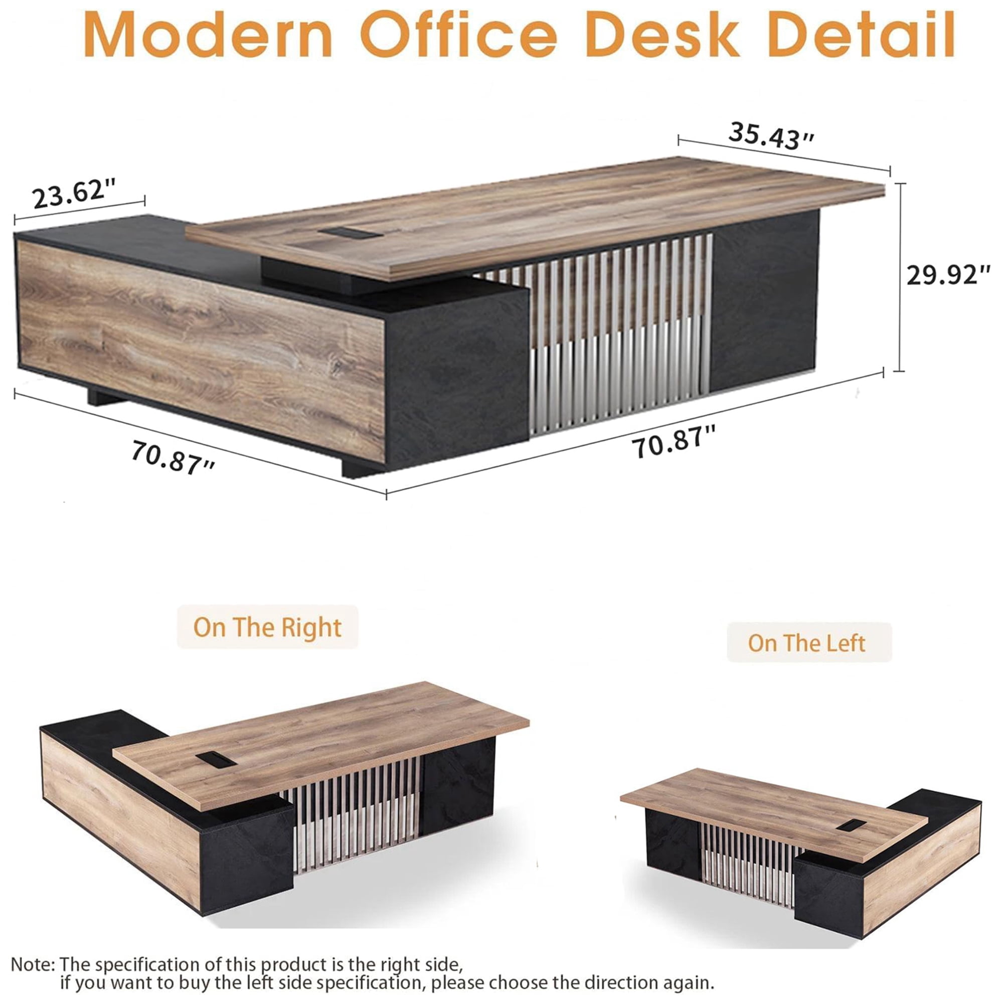 Wesome 70.87 inch L Shaped Executive Desk with  Cable Management Drawers File Cabinet