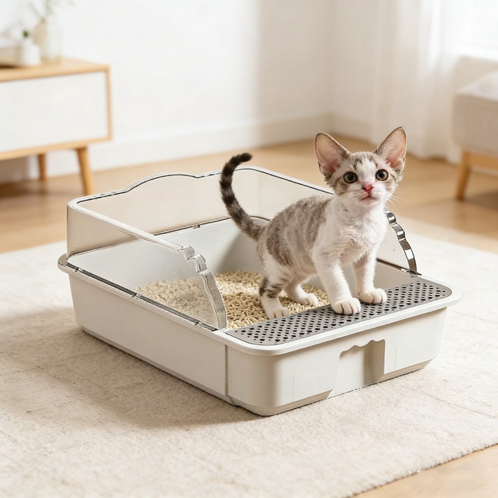 AYktou Semi Enclosed Cat Litter Box, Oppose Scatter Odor Control Litter Pan with Removable High Sided, Non Slide Bottom Pet Toilet Include Scoop Indoor Cats Toilet Tray Anti-Scratch Kitty Cat Box
