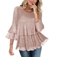 thumbnail image 2 of Dianli Party Top Women's Sparkly Ruffle 3/4-Sleeve Evening Blouse Flowy Chiffon-Layered V-Neck Wrap Bodice Pleated Ruffle Hem Elastic Cuffs Dressy Sequin-Accent Formal Occasion, 2 of 9