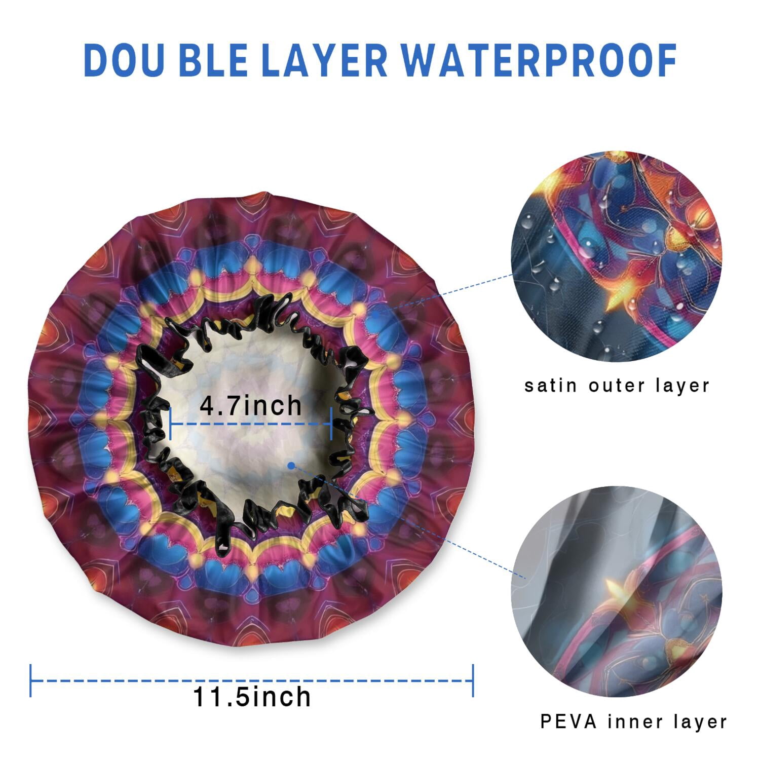 Shower Caps,Colorful Tie Dye Luminous Mandala Pattern Waterproof Shower Cap for Women 4 Pieces,Double Reusable Hair Cover for Shower PEVA Elastic Stretch Hem