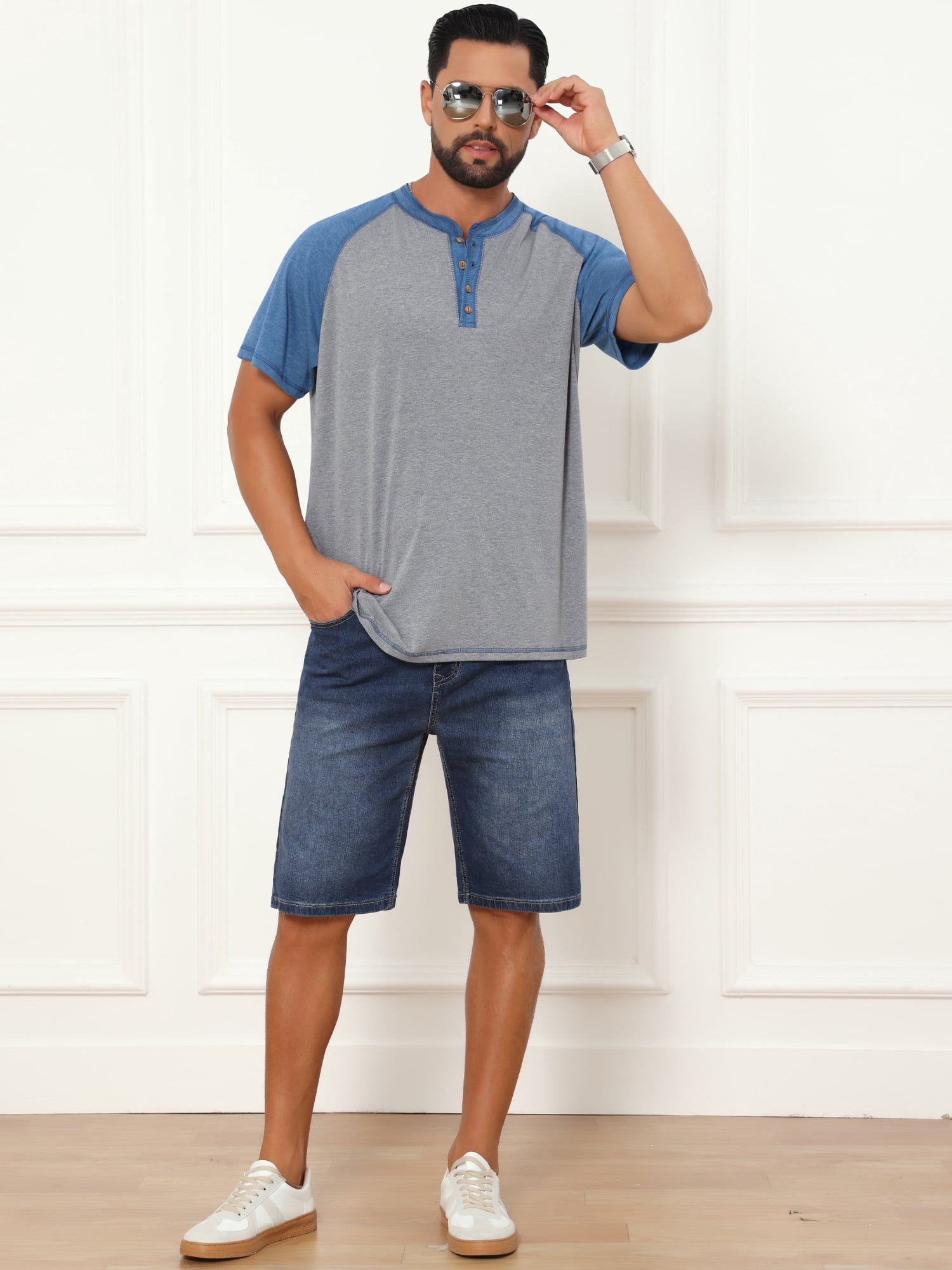 DARING DIVA Men's Raglan Henley Retro Short Sleeve Button Down T-Shirt L Light Gray