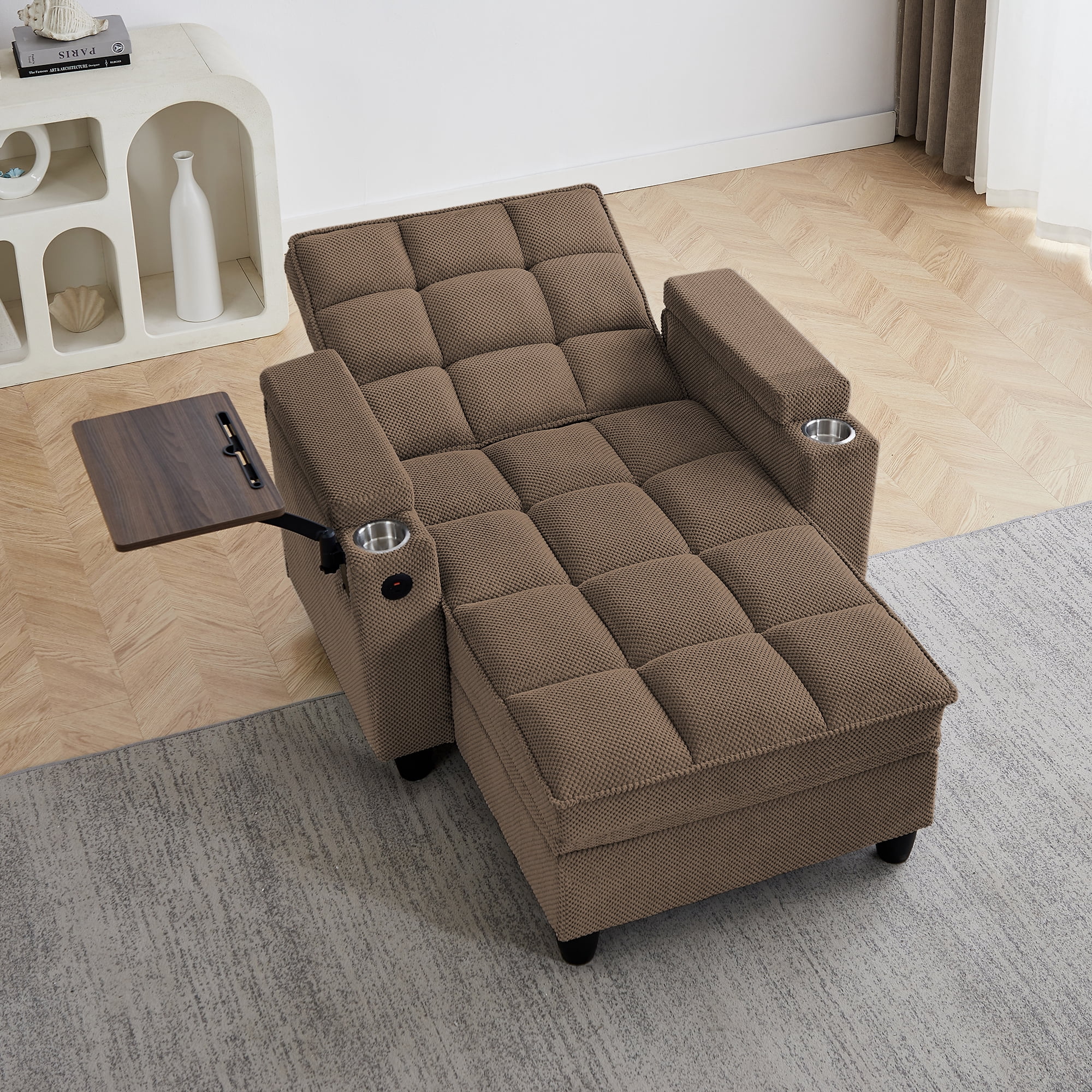 Gewnee 3-in-1 Convertible Sleeper Chair, Pull Out Single Sofa Bed with Adjustable Backrest, 360° Swivel Side Table, USB Charging Ports & Cup Holders, Ideal for Dorms & Offices, Coffee