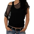 thumbnail image 2 of Women's Loose Fit Round Neck Off Shoulder Short Sleeve Mesh Hollow Out Top Blouse Cute Trendy Party Outfits Date Night Club Dance Wear | CSEONE,Black L, 2 of 4