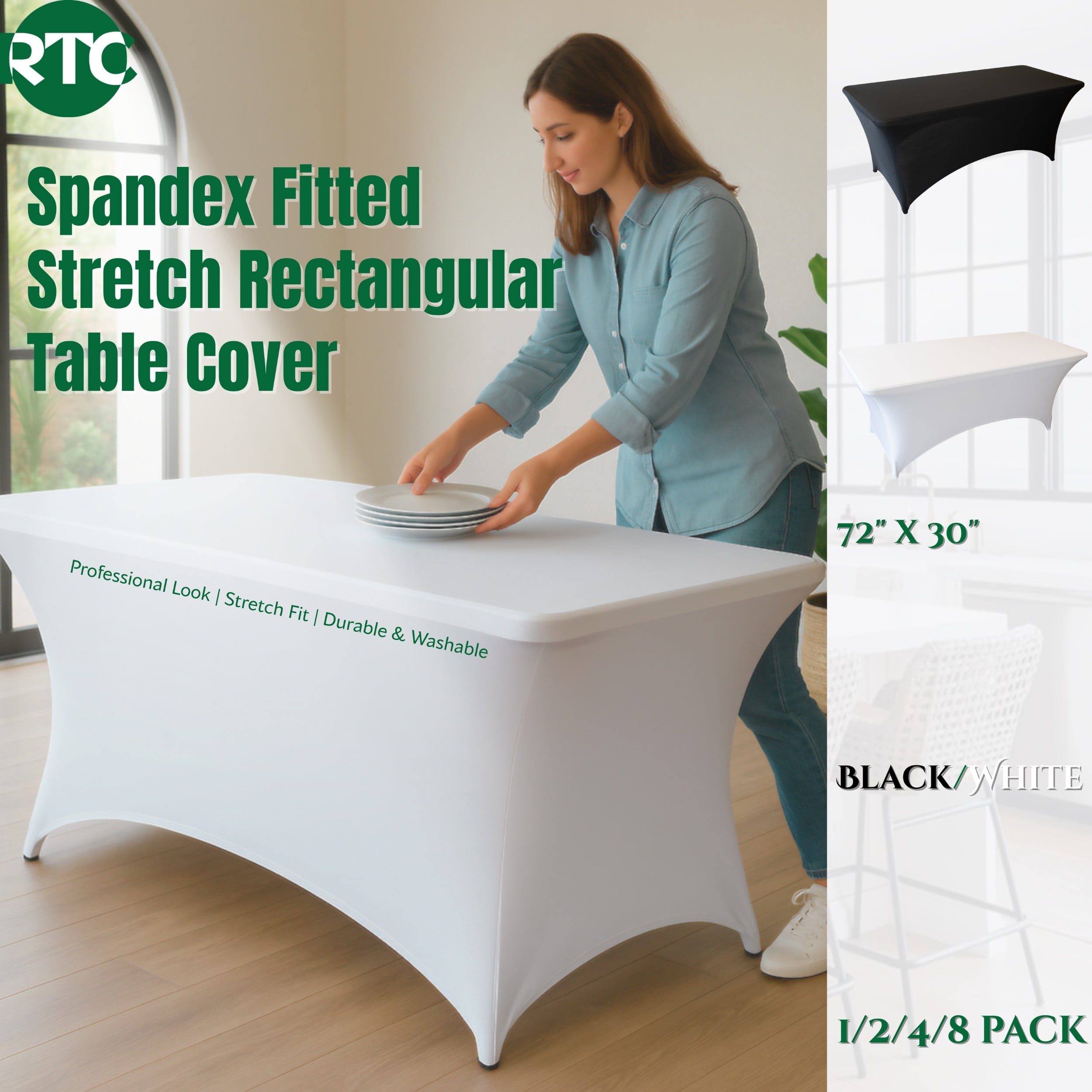 RTC Group Spandex Fitted Stretch Rectangular Tablecloth Table Cover 6 ft, 72 x 30, Black, 1 Pack