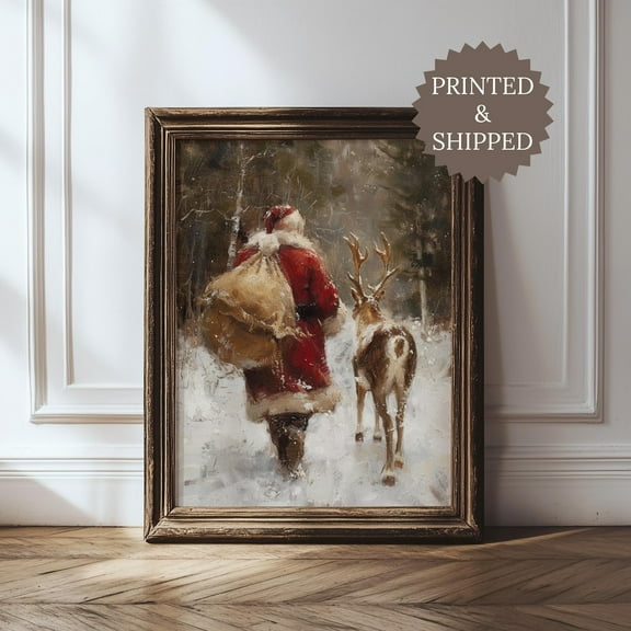 PosterArt Santa Walking with Reindeer Poster, Vintage Winter Forest Print, Festive Holiday Wall Decor, 8x12 UNFRAMED
