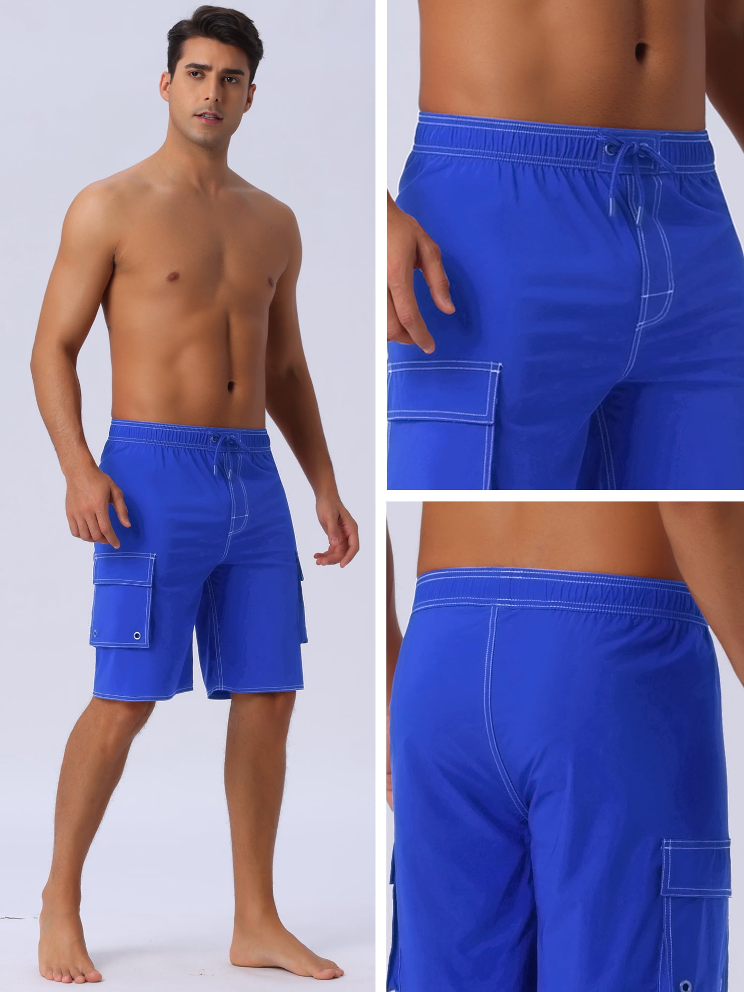 DARING DIVA Men's Solid Color Side Pockets Lining Summer Board Shorts 32 Blue