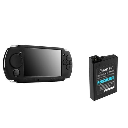 Black Silicone Rubber Skin Soft Case Cover by Insten +Replacement PSP Battery for SONY PSP 3000