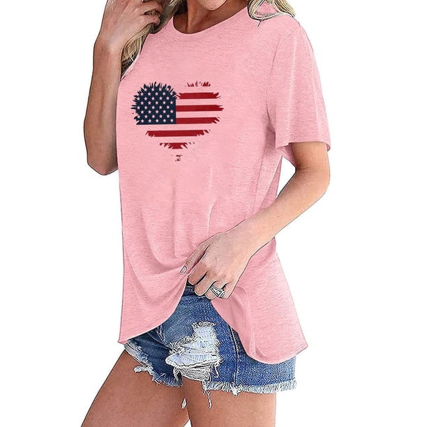 Fiudx Camisetas para Mujer Camiseta de Manga Corta con Cuello Redondo y Estampado de Bandera de Moda para Mujer