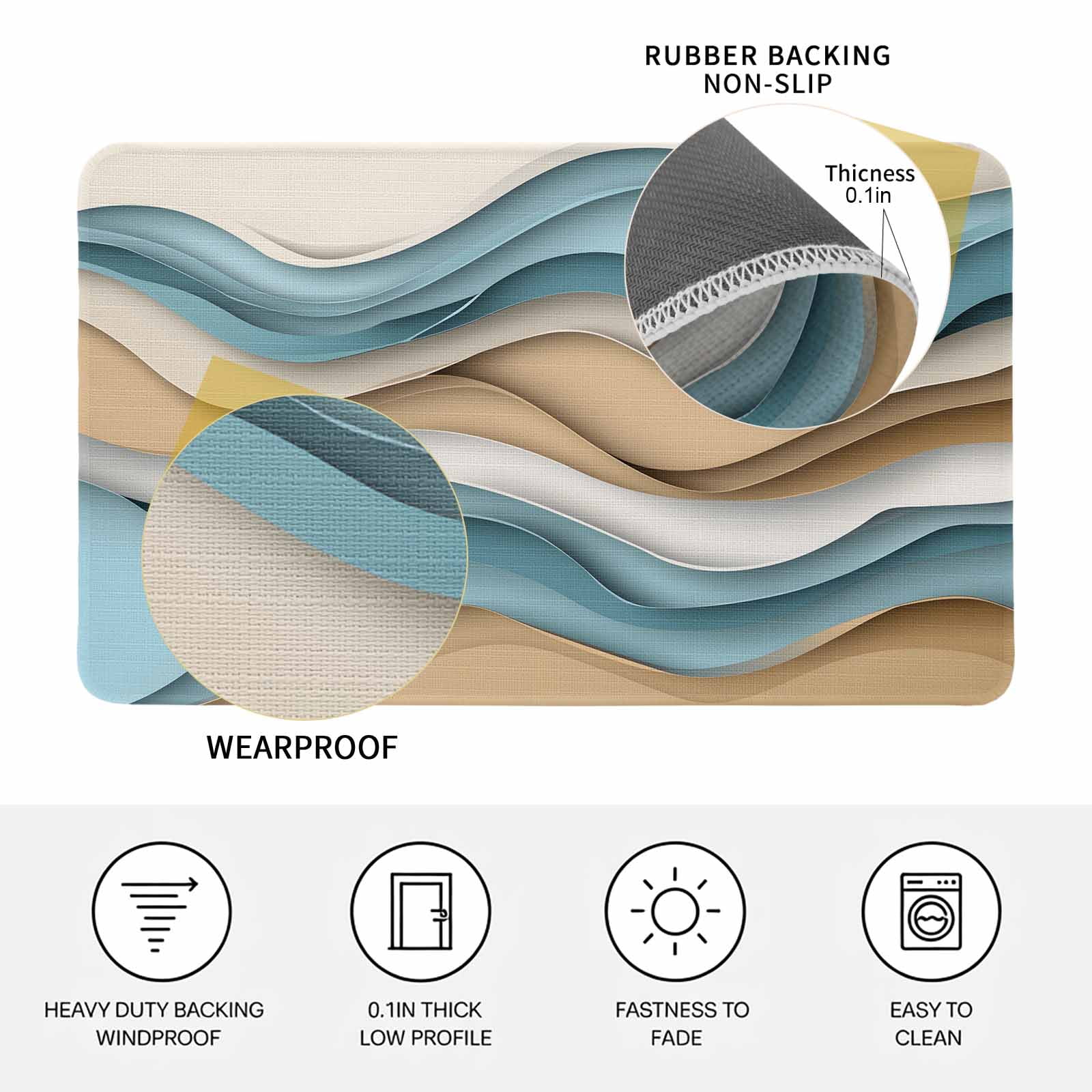 Teal Beige Ombre Doormat Outdoor Entrance 16"x24", Abstract Geometric Modern Moire Absorb Moisture Dirt Door Mats, Non-Slip Rubber Backing Floor Mats Indoor, Low-Profile Front Door Rugs