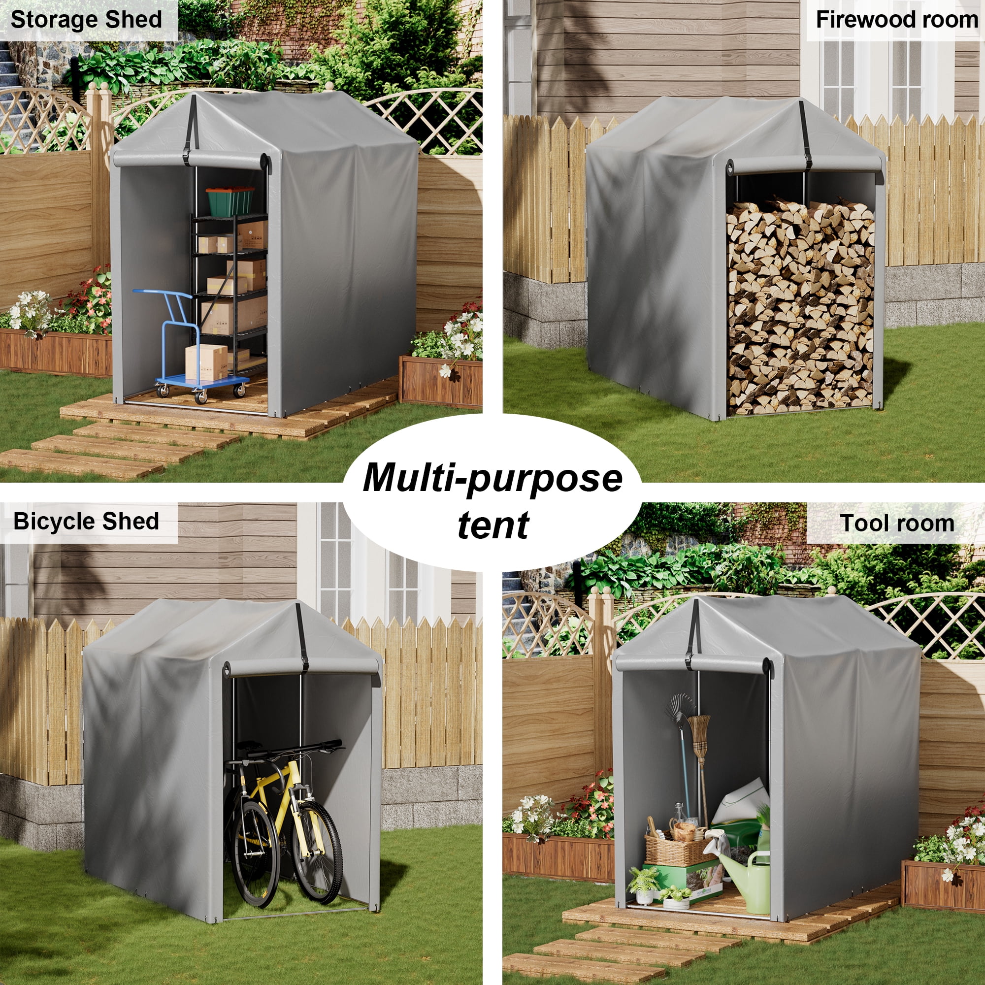 Vineego 3x6x5 ft Outdoor Storage Shed Portable Garage Shelter, Outdoor Shed with Roll-up Zipper Door, Storage Shelter for Motorcycle, Lawn Mower, Bike, Anti-Snow Portable Garage Kit Tent, Grey
