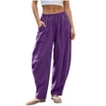 thumbnail image 4 of TEAJOPSUU Womens Elastic Waist Harem Pants Cotton Blend Casual Tapered Baggy Wide Leg Trousers with Pockets Summer Daily Beach Wear Purple, 4 of 7