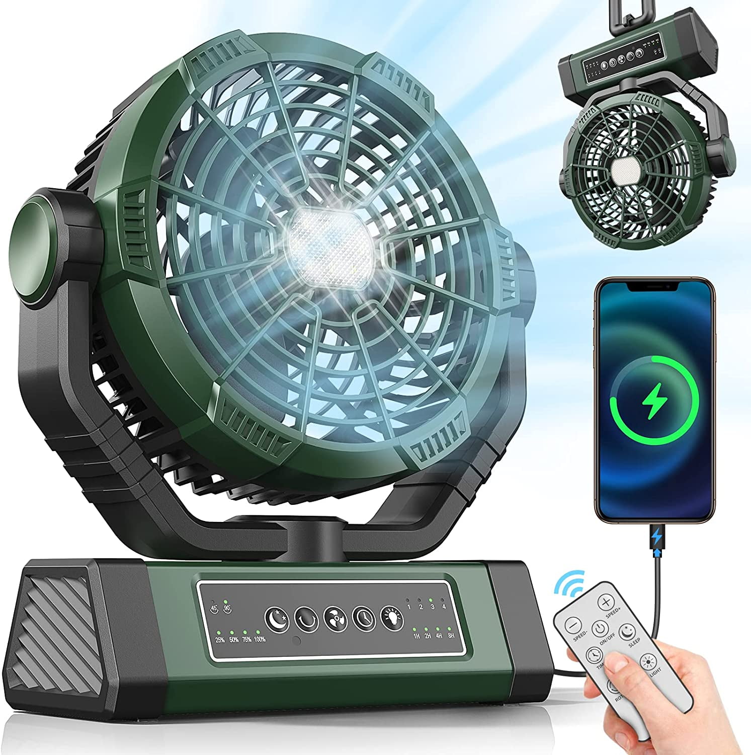 Portable Camping Fan With LED Light – 4 Speed, 72-Hour Battery, 360° Rotation