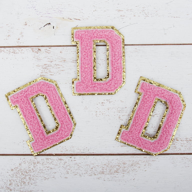 Pink Iron On Varsity Letter Patches - Sets of 3 Letters - Large 8 cm  Chenille with Gold GlitterU