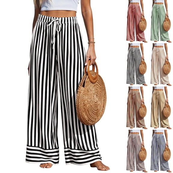 VV AVEORS Women'S Palazzo Pants 2026 Summer Striped Satin Wide Leg High Waisted Flowy Casual Lounge Sweatpants Pockets Vermilion L