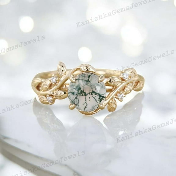 KANISHKAGEMS&JEWELS 2Ct 6mm / Moss Agate Engagement Ring CZ Diamond Twig Leaf Ring Nature Inspired Women Jewelry Personalized Gift for Her